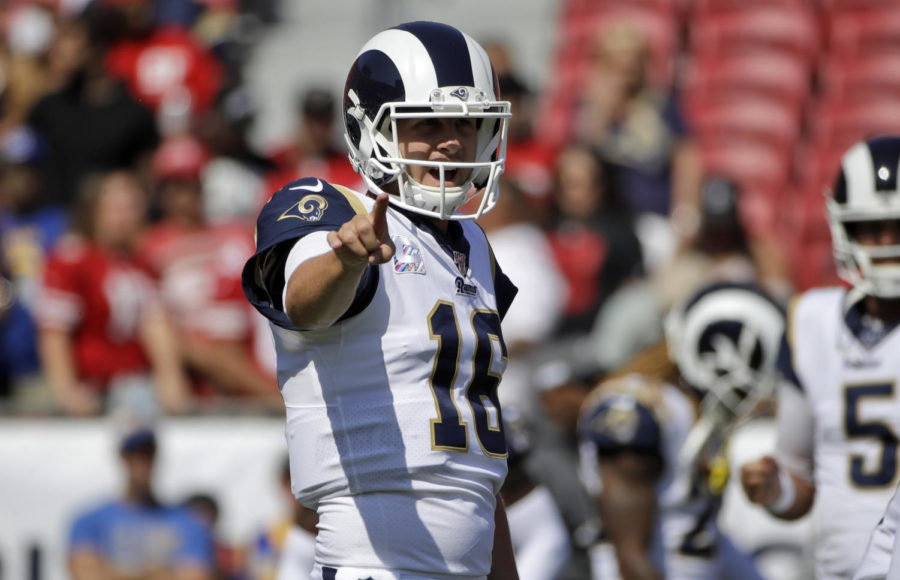 Los Angeles Rams quarterback Jared Goff warms up before an NFL football game against the San Francisco 49ers Sunday, Oct. 13, 2019, in Los Angeles. (AP Photo/Alex Gallardo)