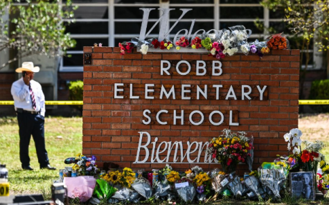 Flowers left in front of Robb Elementary School, Uvalde, Texas, subsequent to the shooting that occurred on May 24, 2022.