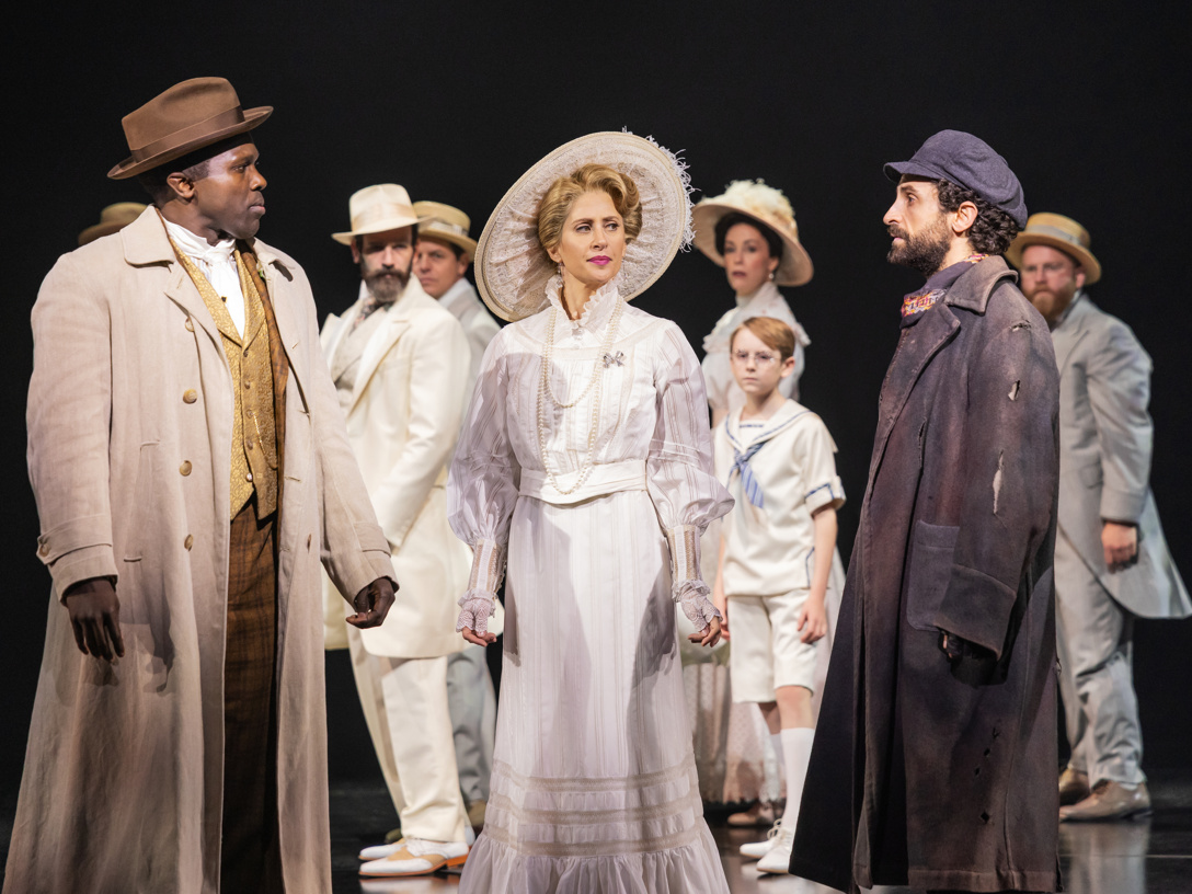 A moment from Ragtime with Coalhouse Walker, Jr. (Joshua Henry), Mother (Caissie Levy), and Tateh (Brandon Uranowitz) in the foreground